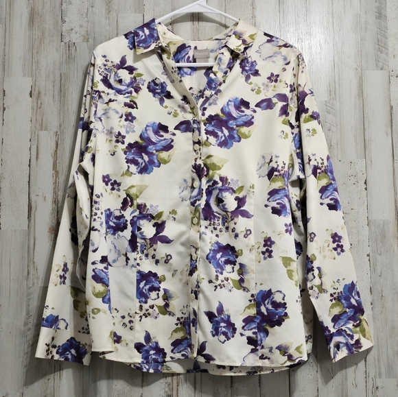 Chico's Ivory  Purple Floral Long Sleeve Button Down Blouse Size 2 US Size Large - Picture 1 of 8